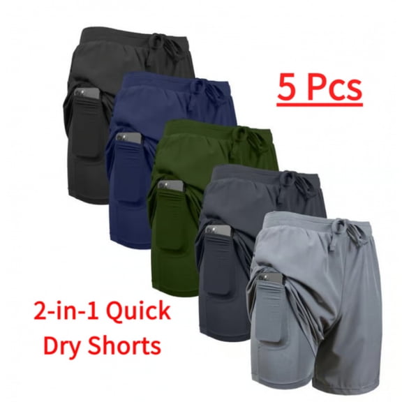 5 Pack Men's 2-in-1 Athletic Shorts, Quick Dry Breathable 5 Inch Running Basketball Shorts for Gym Squat Workout Casual Summer Wear
