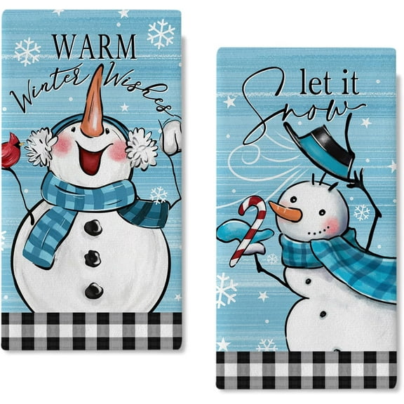 Newhomestyle Warm Winter Wishes Snowman Kitchen Dish Towels Set of 2, Let It Snow Buffalo Plaid Check Hand Towels Drying Baking Cooking Cloth, Blue Christmas Holiday Farmhouse 16x24 inch