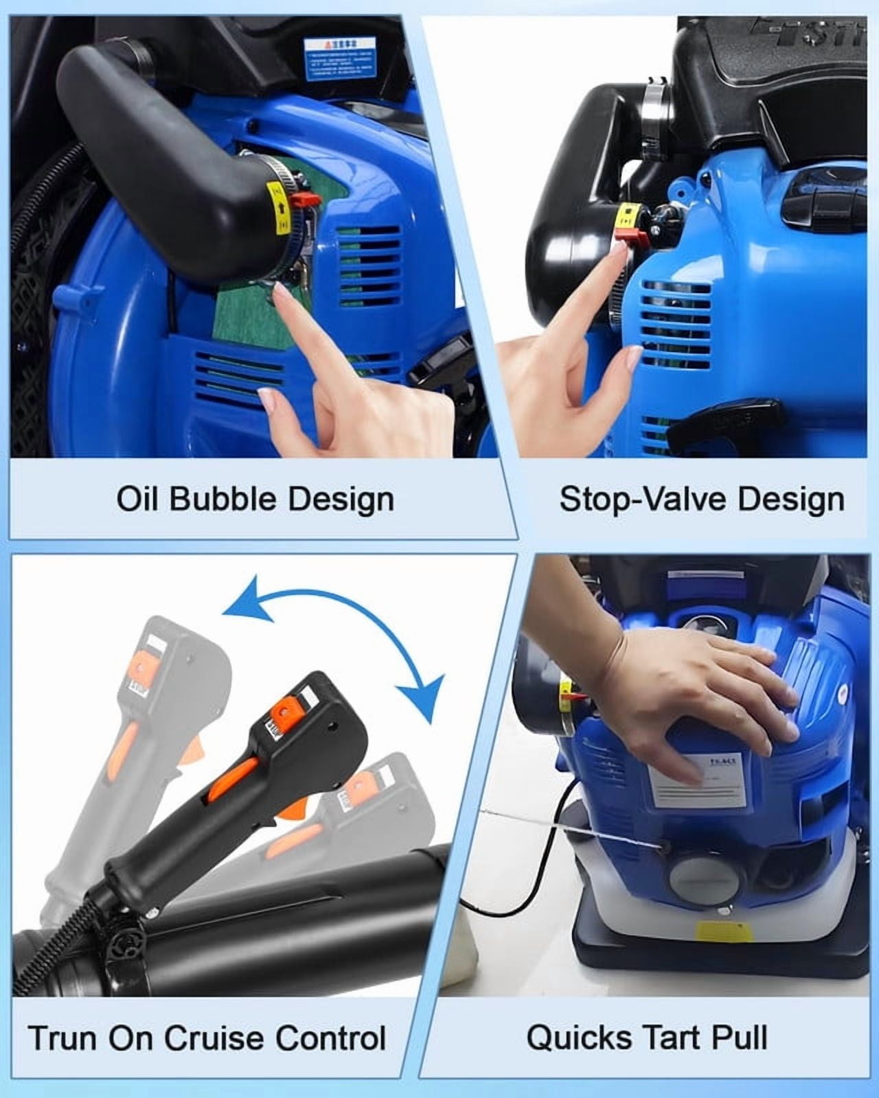 YNCE Backpack Leaf Blower Gas Powered - 75.6CC 900 CFM 2 Cycle Backpack Gas Powered Leaf Blower, Grass Lawn Blower Air Cooling Gasoline Backpack Grass Blower, Backpack Snow Blower for Garden (Blue)