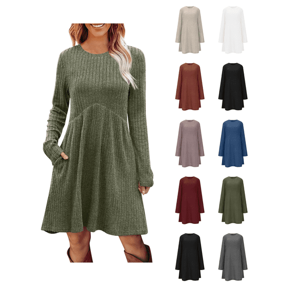 Zynoxe Womens Ribbed Knit Dresses Classic Round Neck Long Sleeve Mini Dress Comfy Empire Waist Dresses for Women Versatile Solid Color Casual Tunic Dress with Side Pockets S