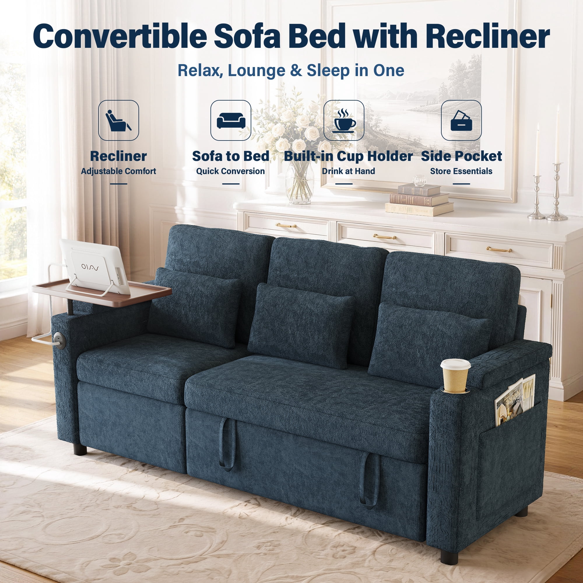 Aukfa 81" Convertible Sleeper Sofa,Chenille 3-in-1 Sofa Bed with Recliner,Center Table,USB Ports & Storage Armrests,Blue
