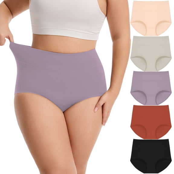 Sunm Boutique Plus Size Women’s Tummy Control High Waisted Underwear, 5-Pack Soft Cotton Briefs, Full Coverage Panties