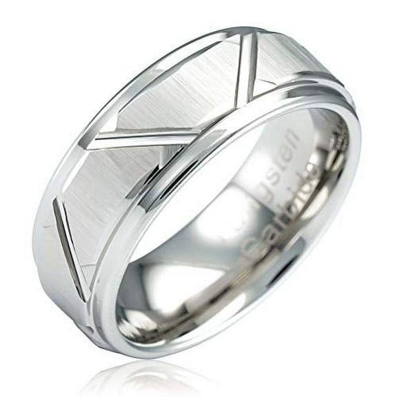 100S JEWELRY White Gold Tungsten Rings Angled Groove Lines Men Wedding Bands Step Edge Promise Engagement Size 6-16 (Tungsten, 10)