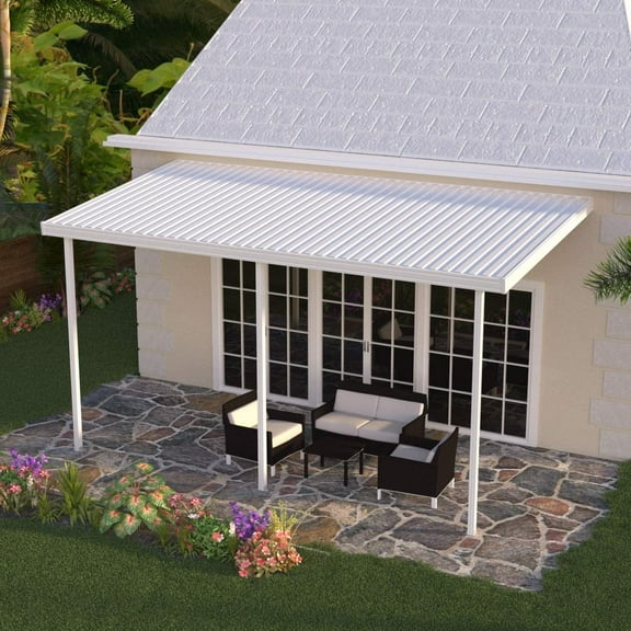 Four Seasons OLS TWV Series 18 ft wide x 8 ft deep Aluminum Patio Cover with 10lb Snowload & 3 Posts in White