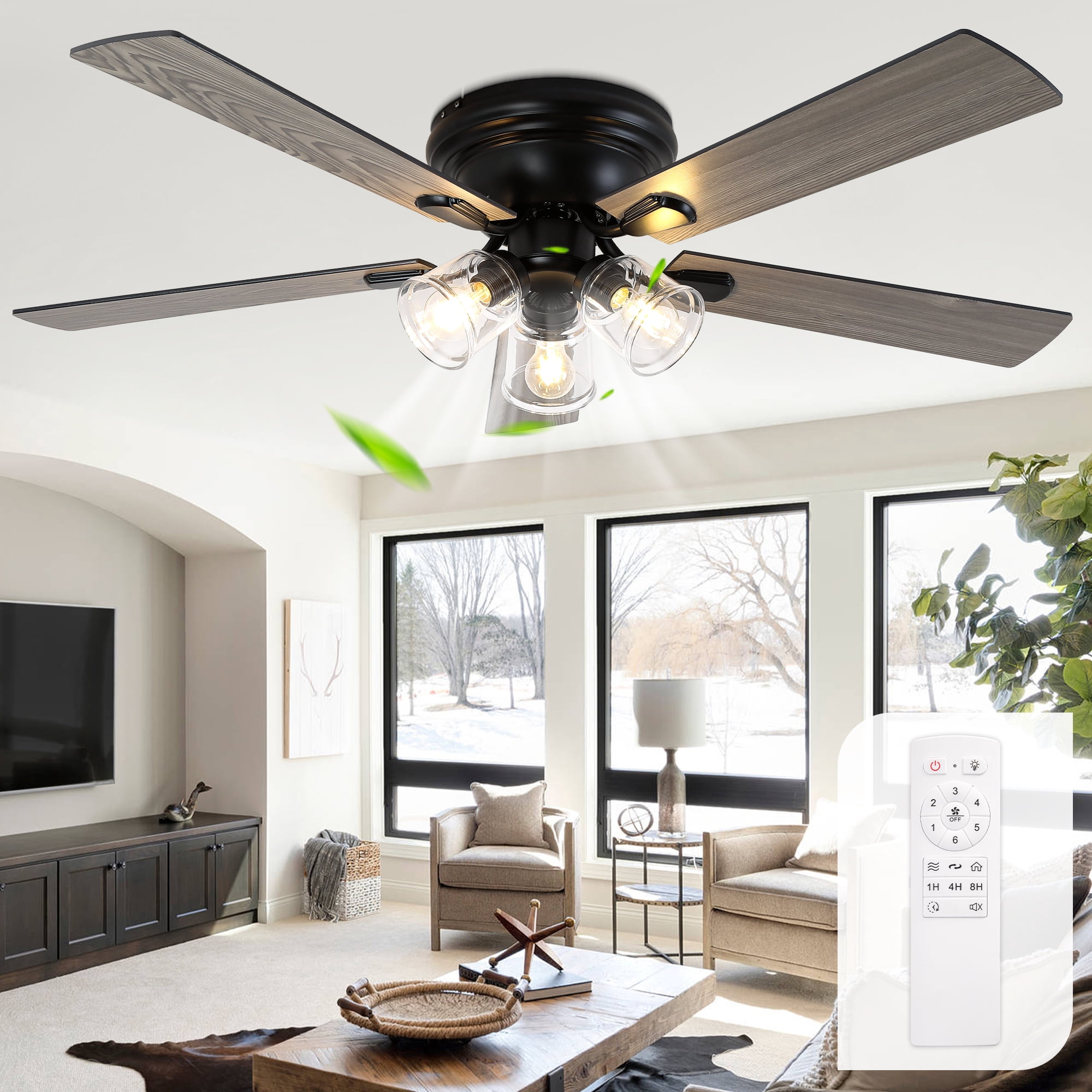 Chords Attic 52" Vintage 5-Blade Flush Mount Ceiling Fan with Lights and Remote Control, Rustic Farmhouse Ceiling Fan for Living Room, Dining Room,Bedroom