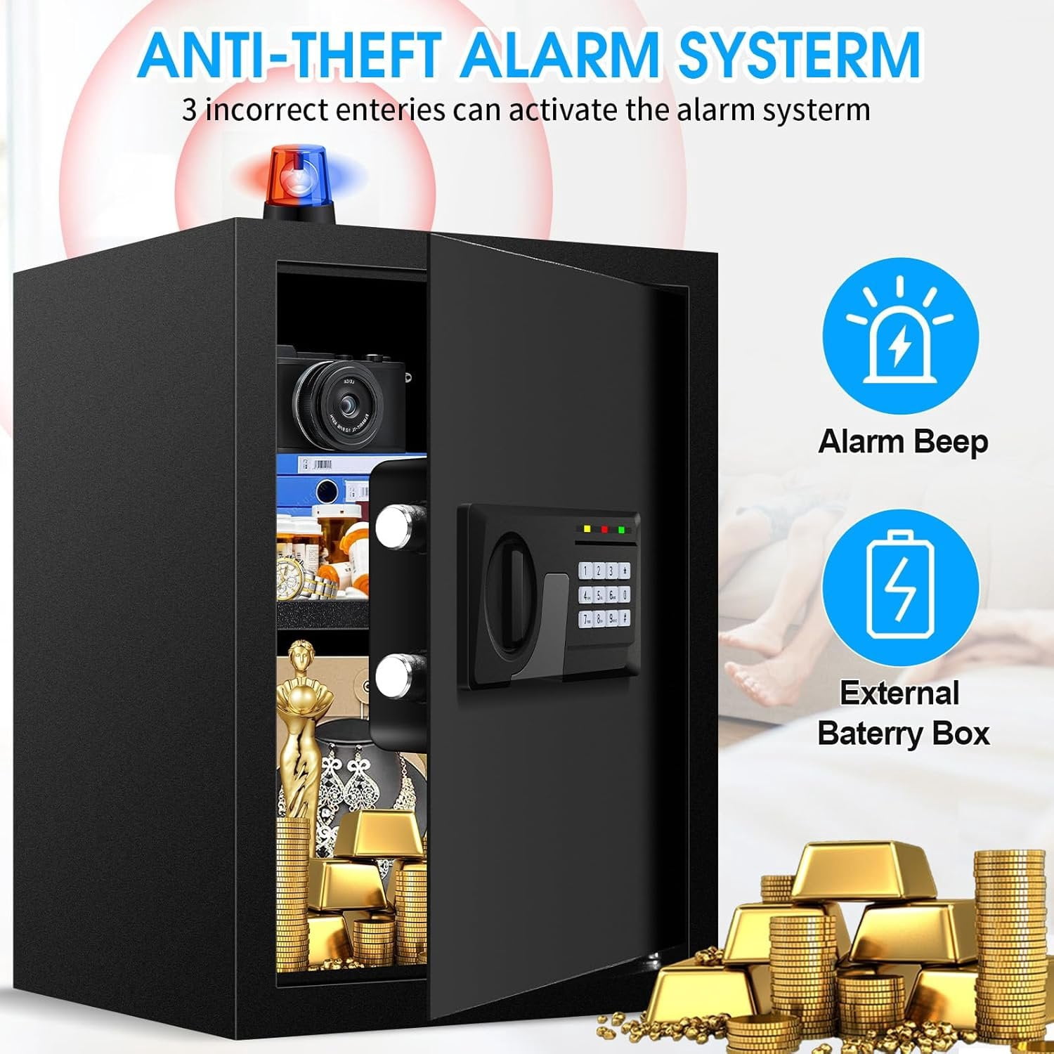 3.3 Cuft Large Fireproof Safe for ,  Safety Box Fireproof  with  Keypad and Spare , Anti- Digital  Safe for  Firearm  Valuables