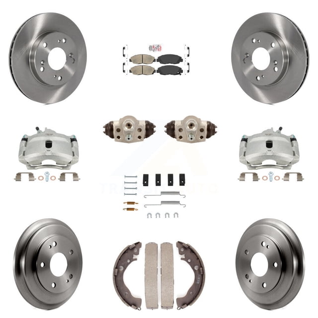 Transit Auto Front Rear Disc Brake Caliper Rotors Drums Ceramic Pads Shoes Wheel Cylinders and Hardware Kit (11Pc) for Car Honda Civic KC8-101702N