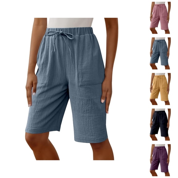 Bermuda Shorts for Women Knee Length Cotton Linen Elastic Waist Straight Leg Relaxed Fit Casual Shorts with Pockets