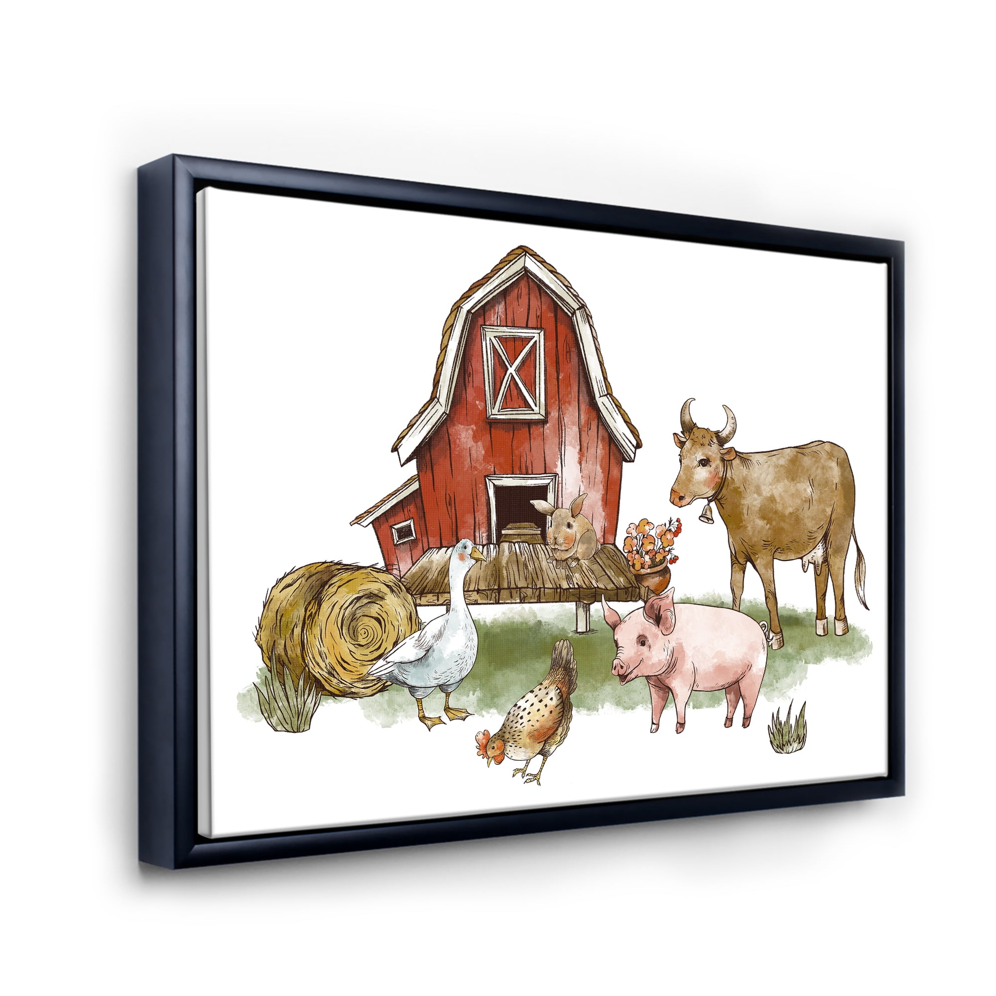 Designart 'Farm House With Goose Cow Pig Chicken and Haystack' Rustic Framed Canvas Wall Art Print