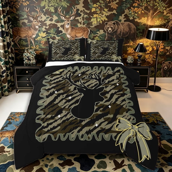 Castle Fairy Vintage Camo Deer Full Size Comforter Sets 3-Piece,Kawaii Stripes Bow Bedding Comforter Set,Sage Black Cream,Black Reversible,1 Comforter and 2 Pillowcases