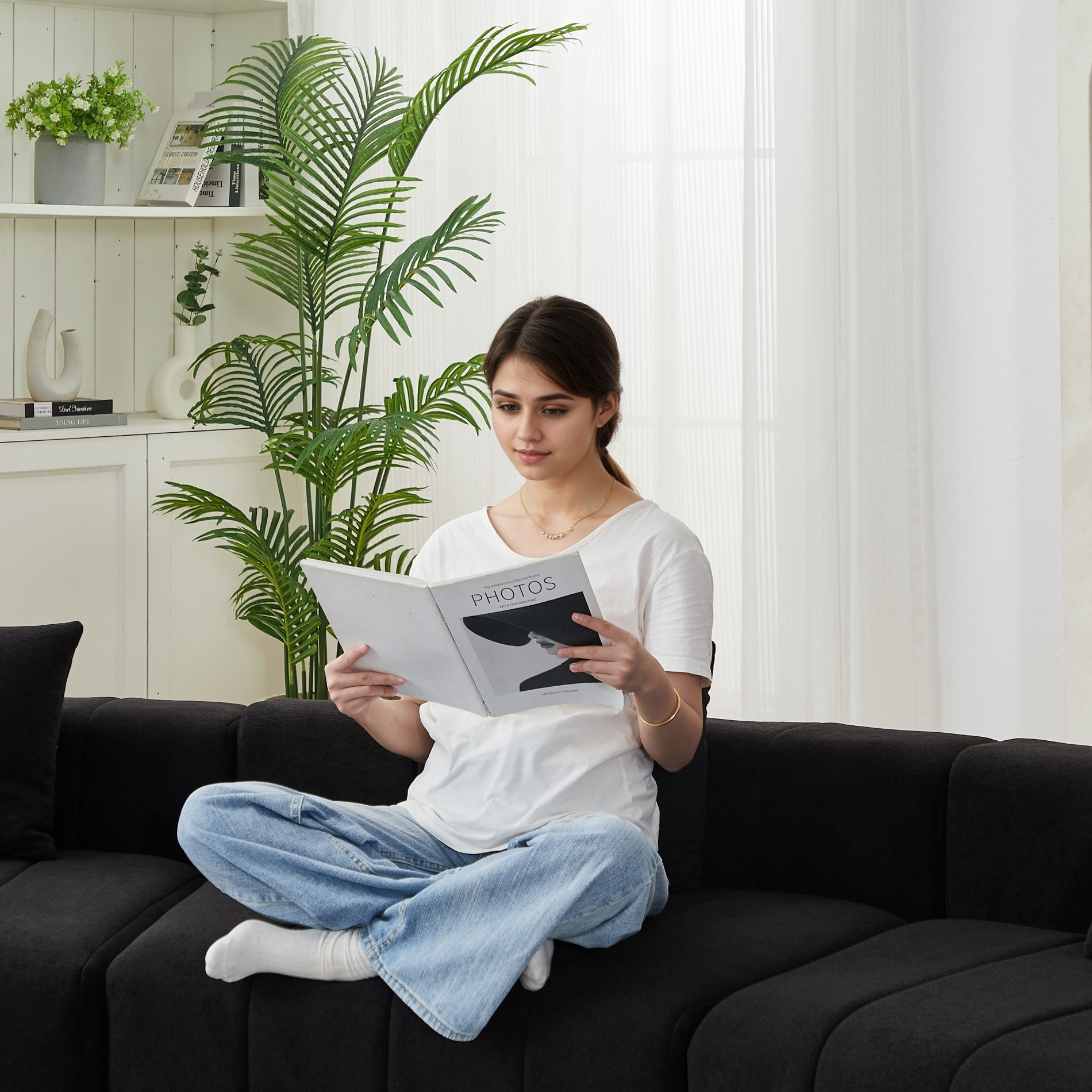 Sailvan Modular Curved Sectional Sofa, Chenille Circular Sofa with 4 Pillows, No Assembly Required Cloud Couch for Living Room & Office Black
