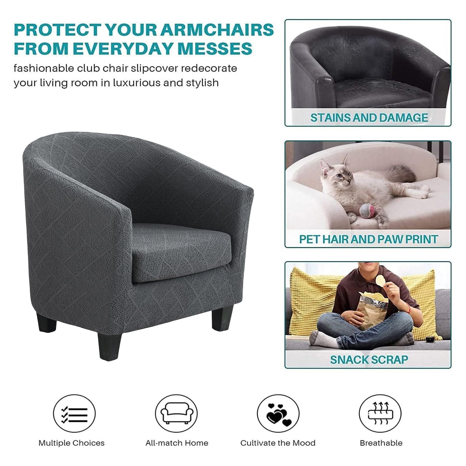 LKJYER Club Chair Slipcover 2-Piece Stretch Barrel Chair Slipcovers Tub Chair Slipcovers Soft Spandex Armchair Covers Swivel Chair Cover Sofa Cover Furniture Protector for Living Room