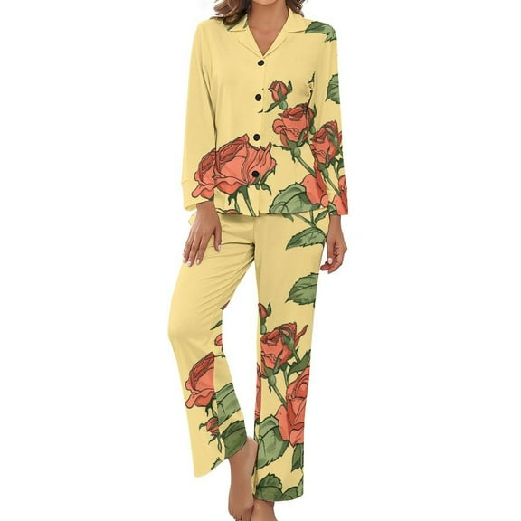Rose Illustration Women's Long Sleeve Flannel Pajama Set Sleepwear M