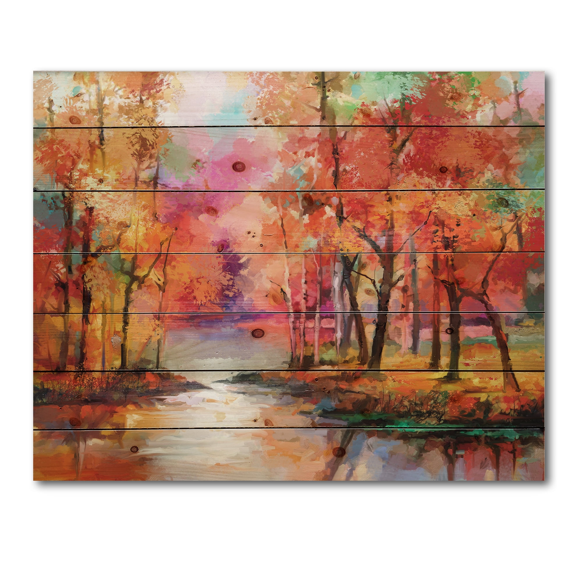 Designart 'The Lake In Autumn By Colorful Autumn Trees' Modern Print on Natural Pine Wood