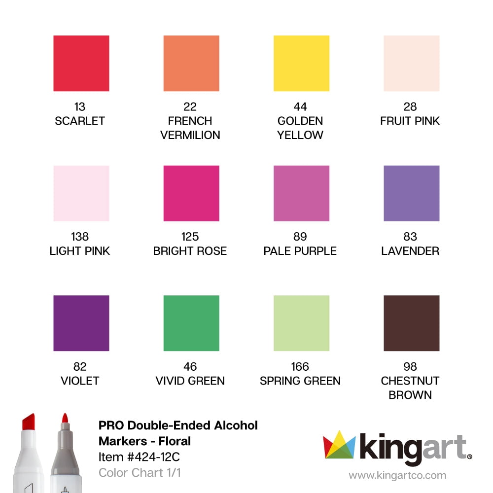 KINGART® PRO Double-Ended Art Alcohol Markers, 12 Floral Palette Colors with Both Fine & Chisel Tips and Superior Blendability