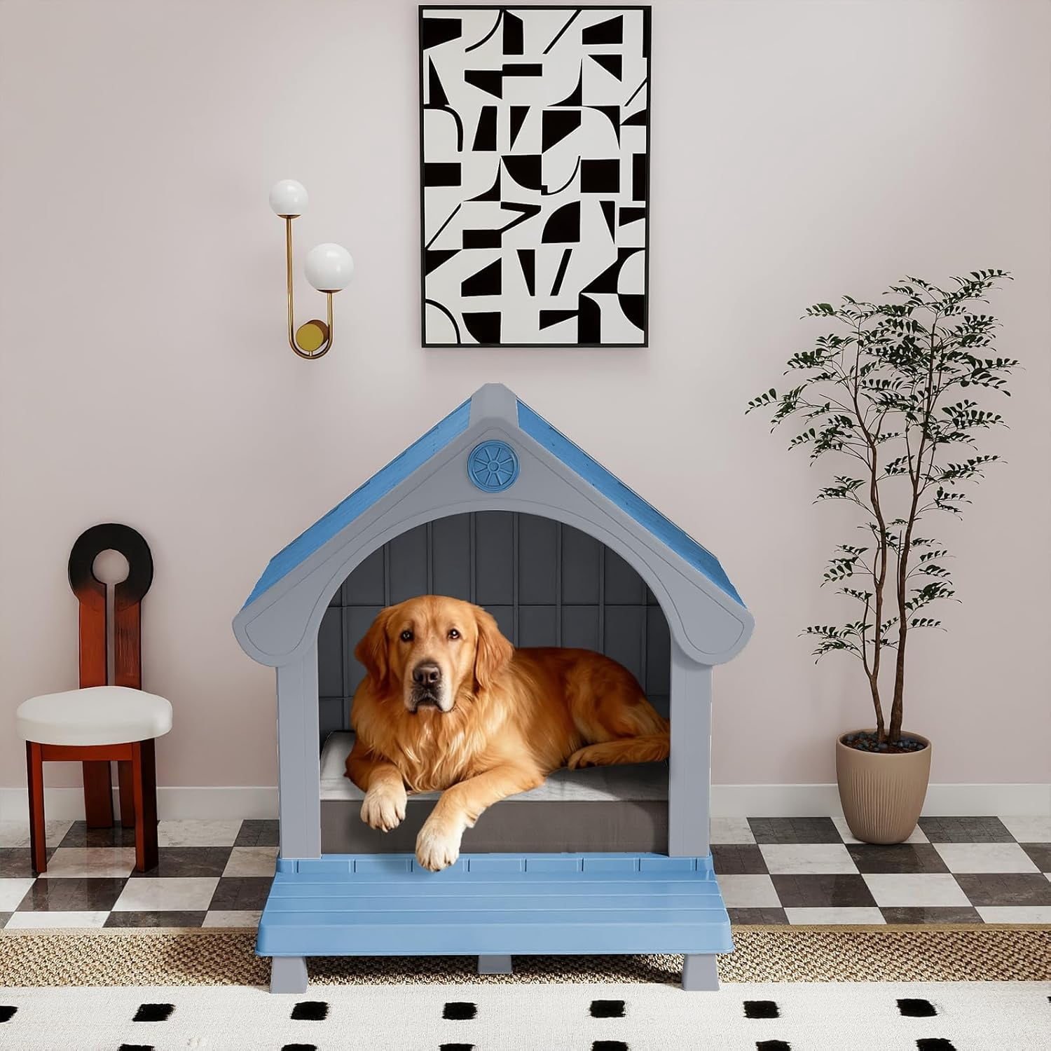 VIXZEN Large Dog House Outdoor, Plastic Weatherproof Dog House Outdoor with Elevated Floor Open Front Easy Clean & Assemble Dog Houses for Large Dogs Outside (Blue Gray)
