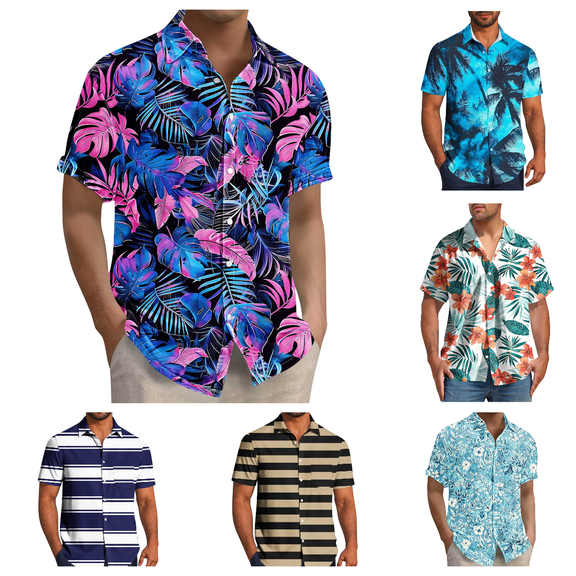 Lovzfmll Tropical Floral & Stripe Shirt for Men, Short Sleeve Hawaiian Print Open Blouse, Button Down Collared Casual Top