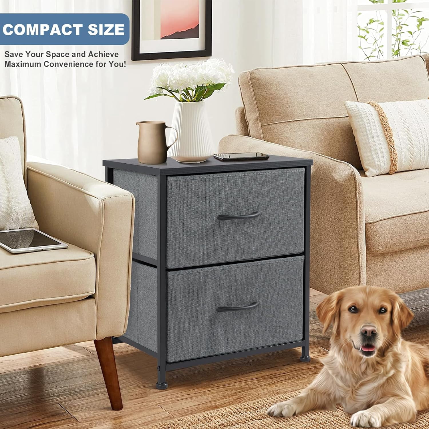 Nightstand Small Dresser with 2 Fabric Drawers Side Tables Bedroom End Table Kids Bedside Storage Furniture for 20 inch Tall Night Stand for Closet, Entryway, College Dorm,Gray(2 Pack)