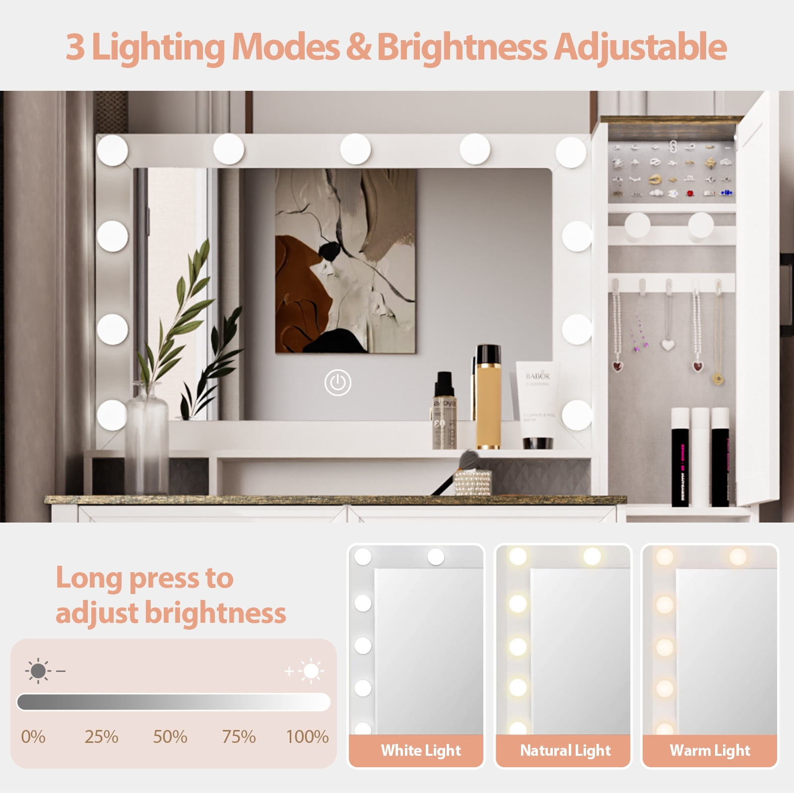 MAYEERTY 45.3" Vanity Desk with LED Lighted Mirror, Modern White Makeup Table with Charging Station & Jewelry Cabinet for Bedroom