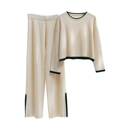 BLVB Women 2 Piece Sweater Sets Long Sleeve Knit Pullover Tops Wide Leg Pants Ribbed Lounge Sets Fall Trendy Clothes