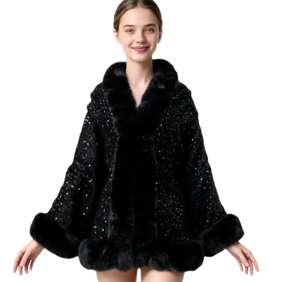 Levmjia Women Sequined Shawl Solid Wrap Cape Thick Warm Loose Swing Outerwear Elegant Evening Cover Up Autumn Winter Party Daily
