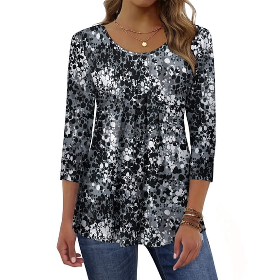 Zeagoo Womens Fall Fashion 2025 3/4 Sleeve Round Neck Floral Ink Dot Tops Pleated Business Work Shirts