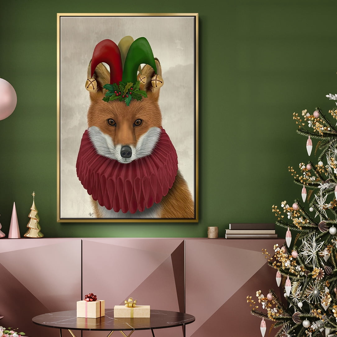Christmas Foxy Christmas Fool - Framed Gallery Wrapped Holiday Canvas - 27 x 41 - Gold Frame