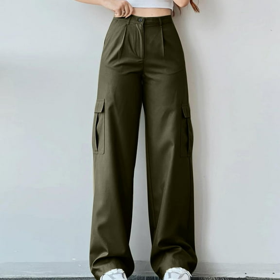 lulshou Women Fashion Solid Color Casual Mid Waist Cargo Pants Trousers with Pocket Waist Cargo Pants Casual Plus Size Work Pants