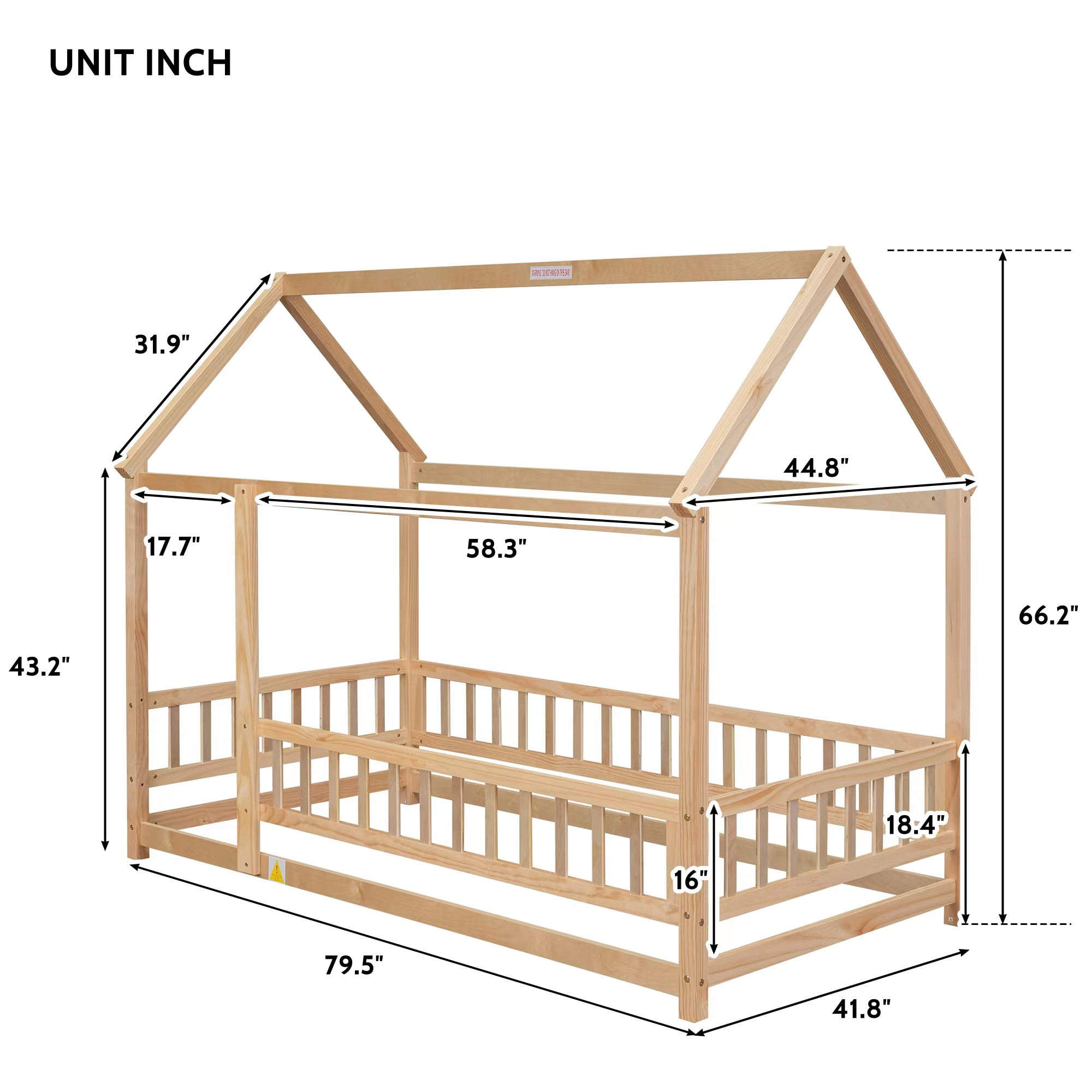 Miniyam Kids Twin Montessori House Floor Bed with Fence, Wood Roof Frame, Natural