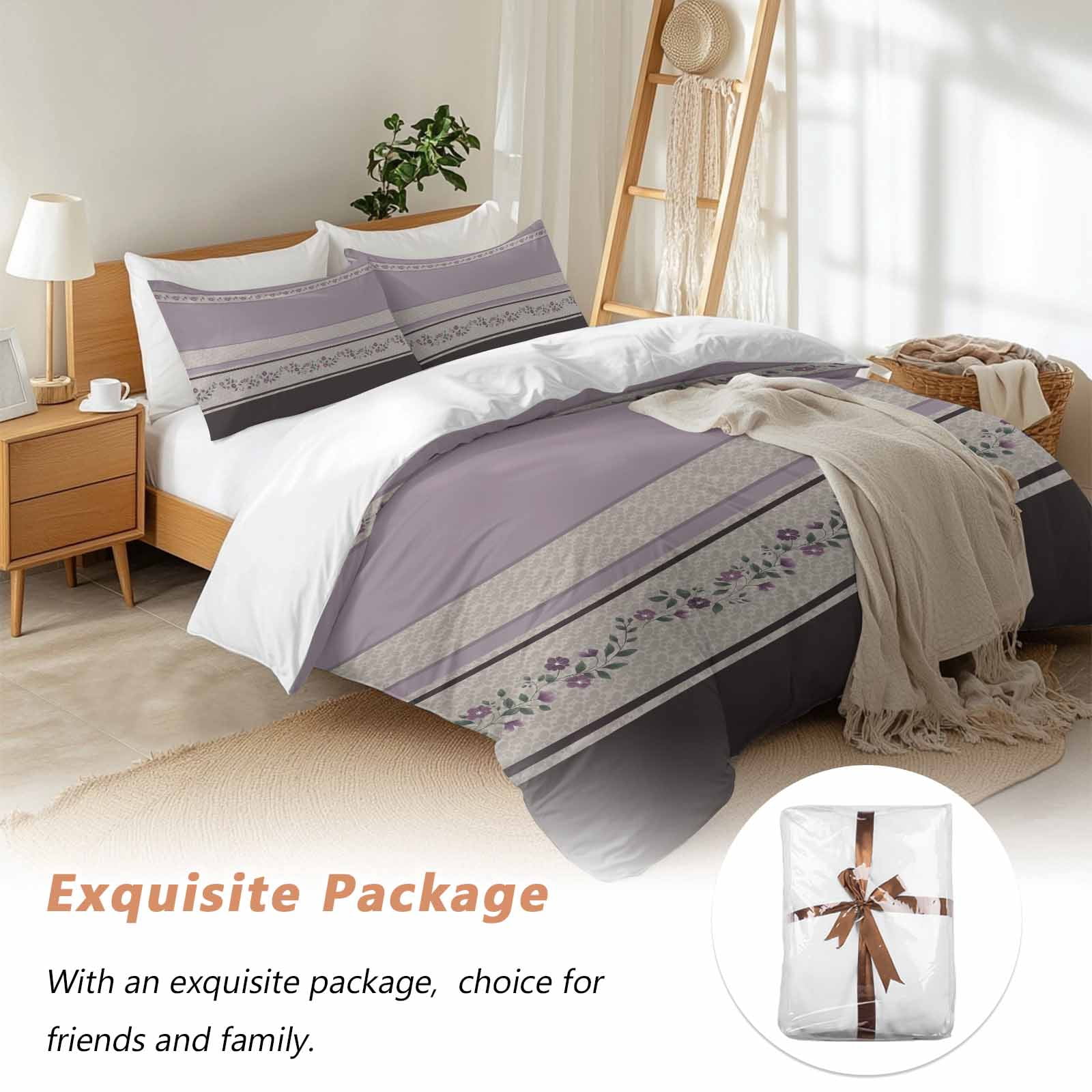 Purple Floral Bedding 3 Piece Duvet Cover Set California King, Modern Farmhouse Leaves Brown Striped Microfiber Comforter Cover with Zipper Closure & Pillowcases, Wrinkle & FadeResistant Quilt Cover