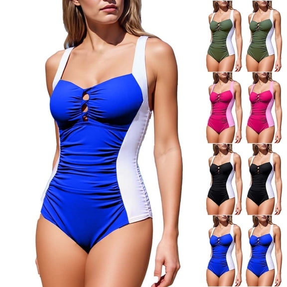 Stamzod Women Tummy Control One Piece Swimsuit Hollow Out Bathing Suit Full Coverage Slimming Swimwear Blue S