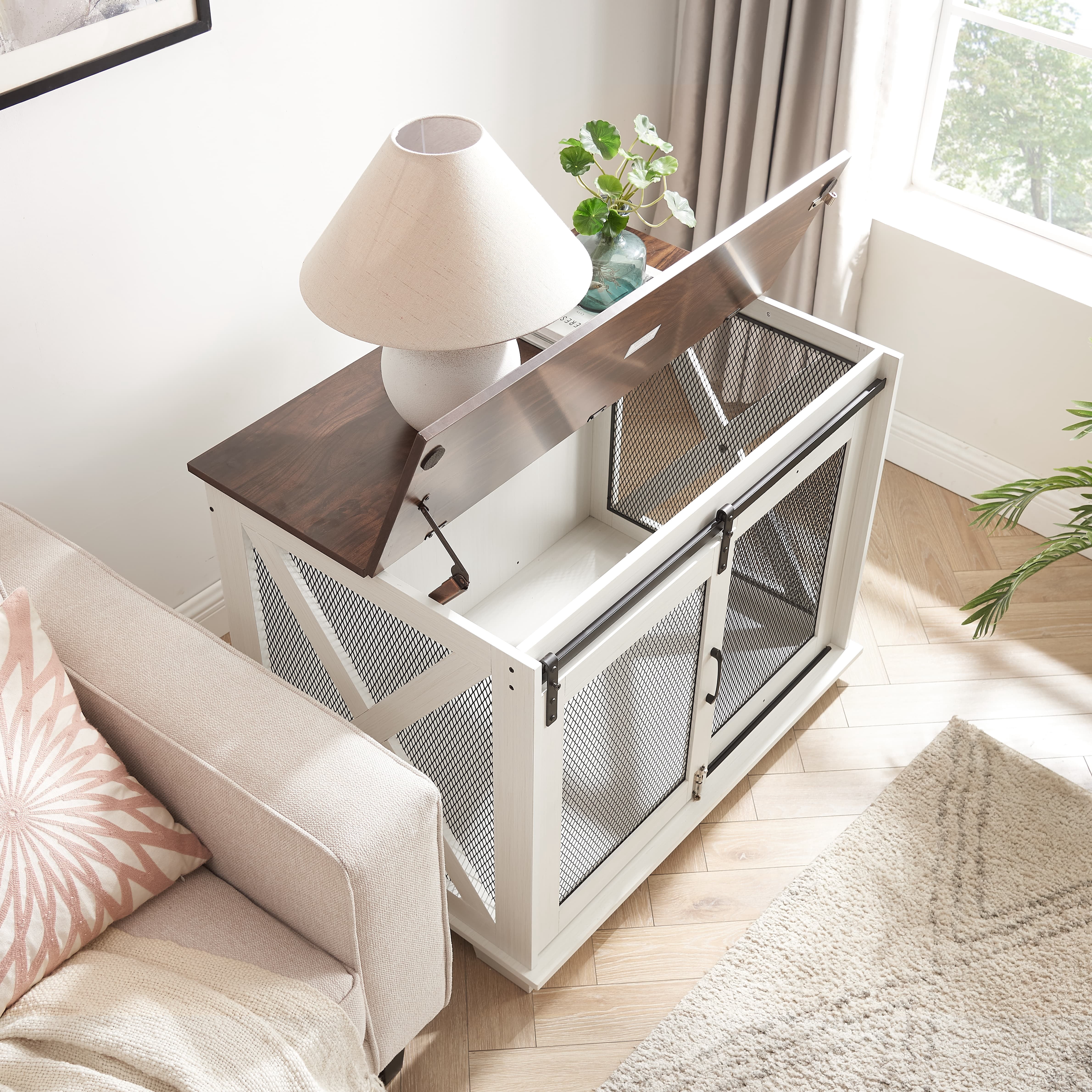 Farmhouse Dog Crate End Table Furniture – Sliding Barn Door, Flip-top Plate & Detachable Divider for Small/Medium/Large Dogs (Gray)