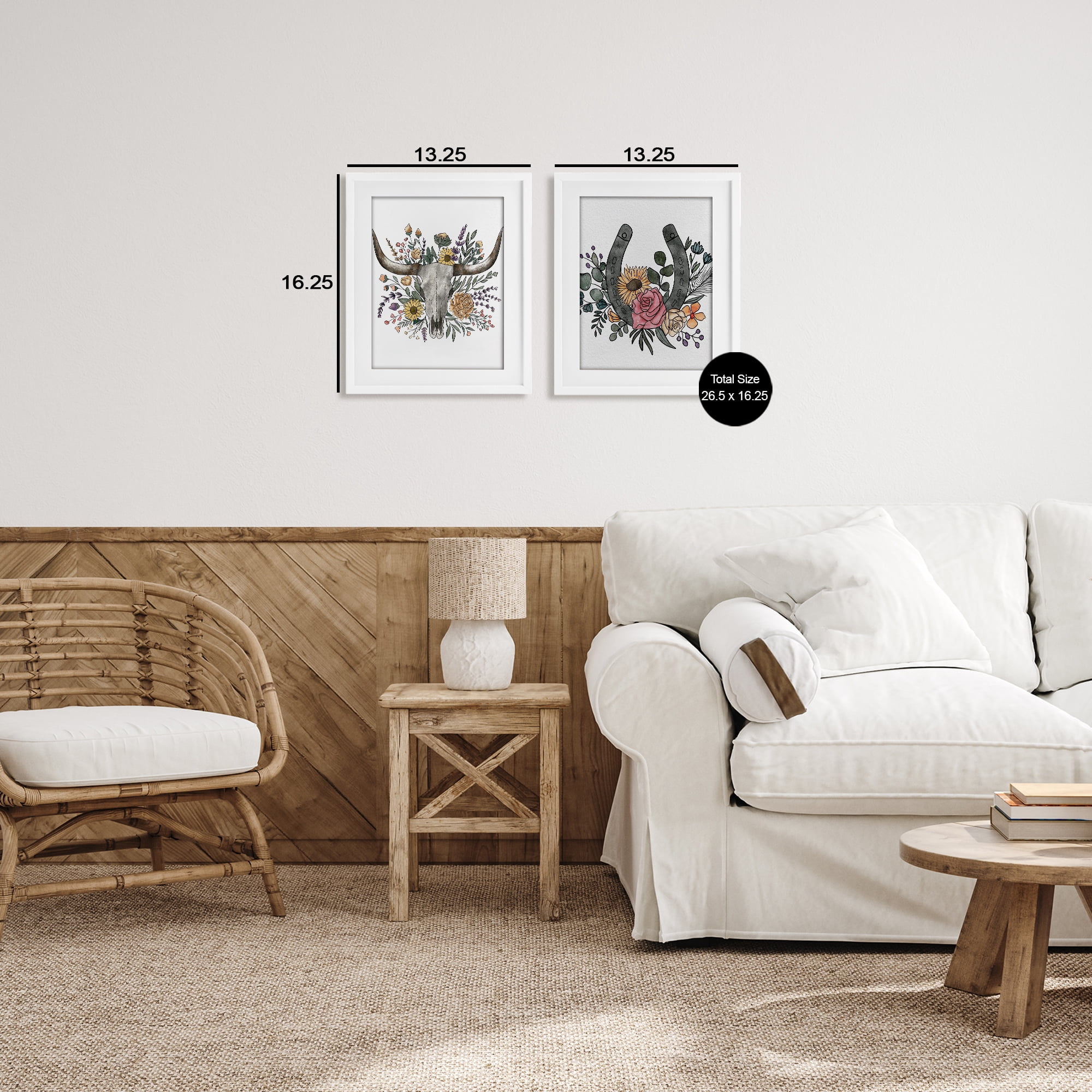 Stupell Industries Boho Longhorn & Horseshoe 2 Piece White Framed Print Under Glass Set, design by Alisha Kiara Design