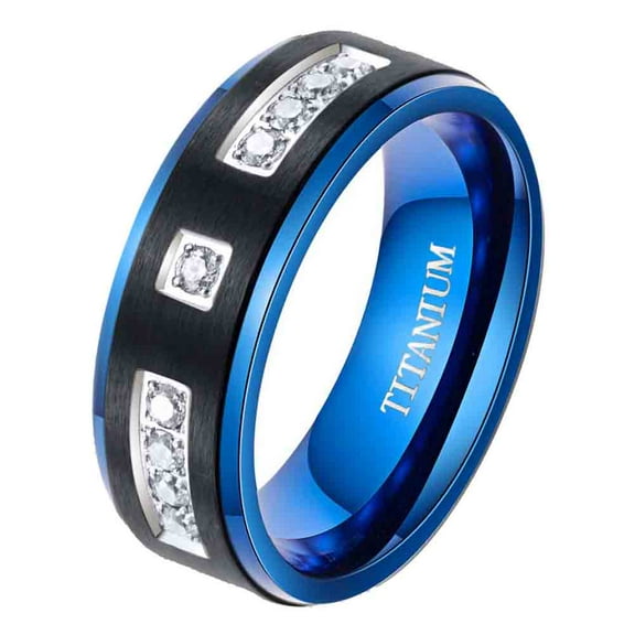 Black Blue Plated Matte 8mm Titanium Steel Mens Ring Men Wedding Band AAA CZ Man Ring