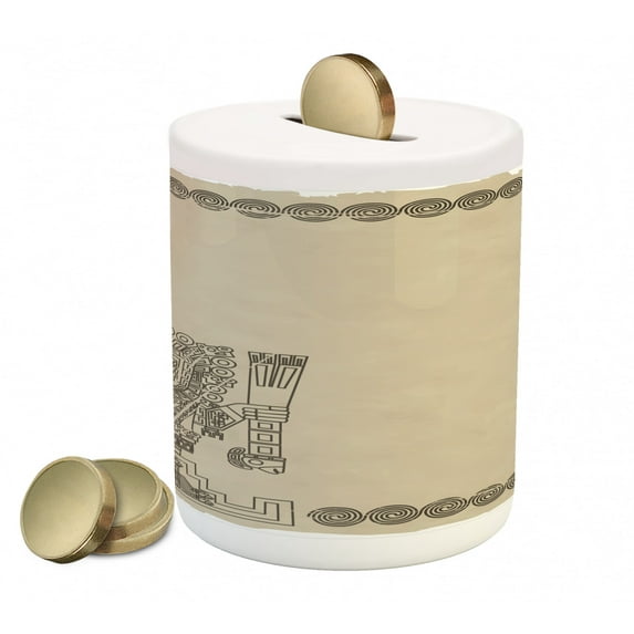 Tribal Piggy Bank, Mayan and Inca Tribal Superstition Prehistoric Relic Archeology, Ceramic Coin Bank Money Box for Cash Saving, 3.6" X 3.2", Tan Army Green, by Ambesonne