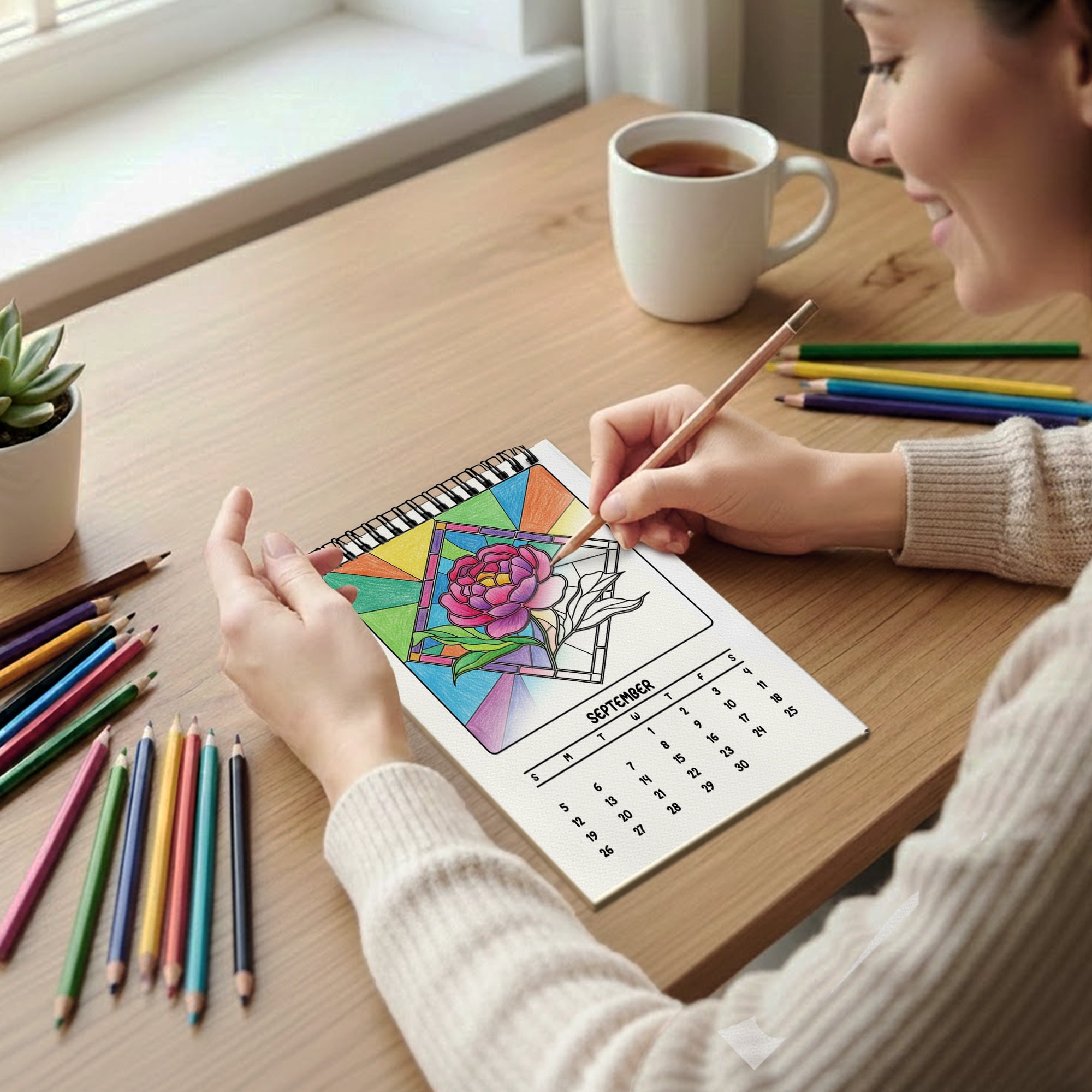 Stained Glass Flowers Coloring Desk Calendar 2026–2027, A5 Wooden Cover Planner with 26 Easy Coloring Pages for Adult Relaxation, 24 Month Desktop Calendar with Stand, Gift for Family & Friends