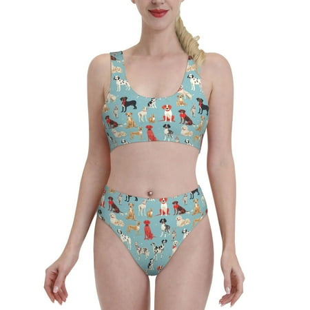Bixox Animal Dog Pattern Two-Piece Sports Bikini with U-Shaped Top and High-Waist Bottom - Women s Swimwear with Removable Bra Pads