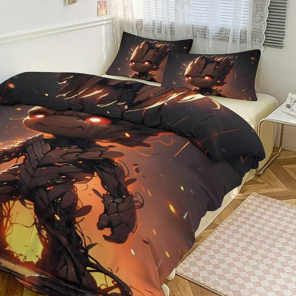 v5733 Bed Sheets Bedding Cartoon Guardians of The Galaxy Groot 3-Piece Bed Set Warm And Comfortable Kawaii Bedding Set Cute Soft Microfiber Bedclothe(135x200cm 53x78in)
