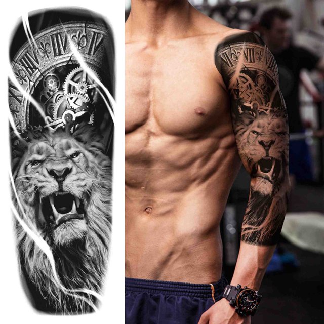 Cráneo Guerrero Tatuajes Temporales Manga Para Hombres Mujeres Adultos Realista Falso Tatuaje Pegatina Negro León Soldado Grande Tatoos