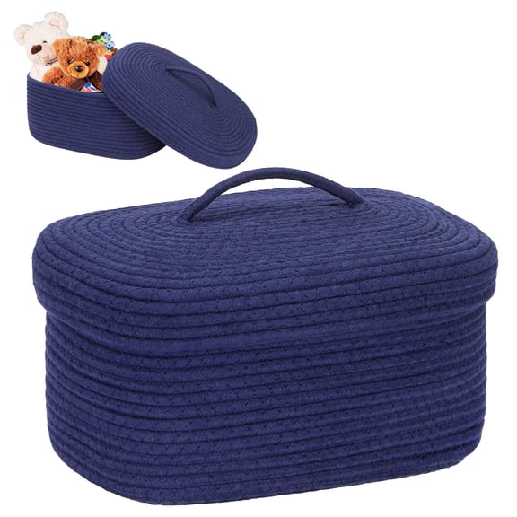 Oval Cotton Rope Storage Basket with Lid, Navy Blue Woven Storage Bin Decorative Organizer, Nursery Storage Container, Diaper Caddy, Multifunctional Desktop Storage Box for Home Supplies