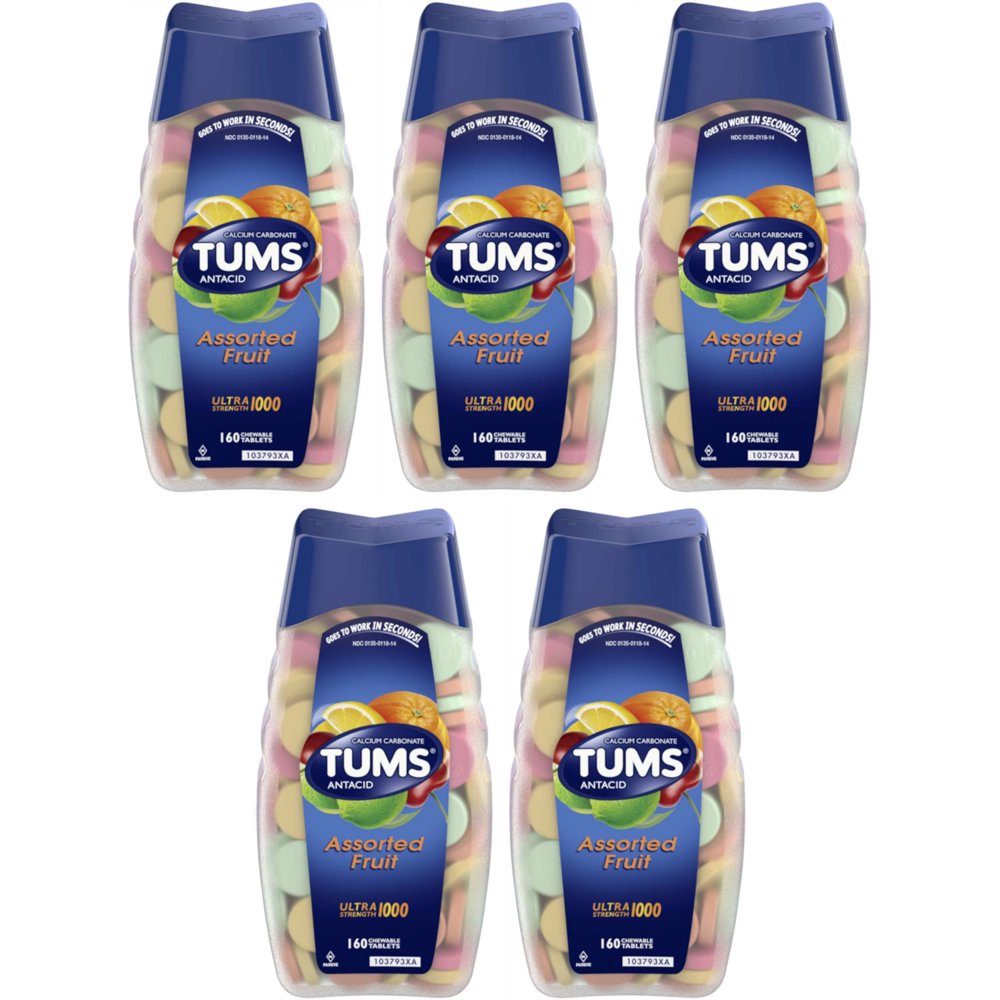 5 Pack Tums Antacid/Calcium Ultra Strength 1000 Assorted Fruit, 160