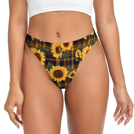 Rateoe Brown Blue Plaid Sunflower Pattern Seamless Women Underwear Thongs No Show Ladies Thong No Line Breathable Comfortable Panties Undies for Women-3X-Large