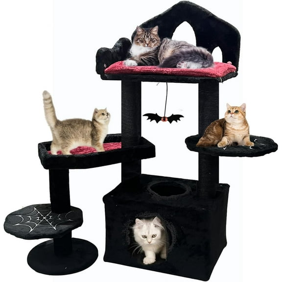 Zephypaws 45in Gothic Cat Tree with Coffin Bed,Cat Tower with Scratching Post,Goth Cat Tower with Spacious Cat Condo,Regal Throne Bed,Black Spider Figurine,Black