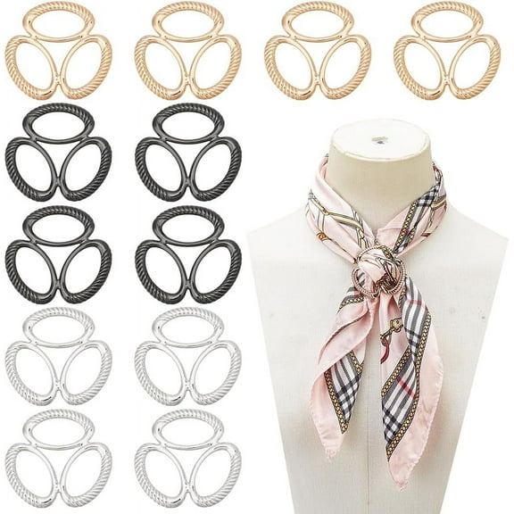 12 Pcs Three Rings Silk Scarves Clip T Shirt Tie Clips Scarves Waist Buckles Clothes Corner Knotted Button Scarf Ring for Women's Shawl Clothing Neckerchief Gold Silver and Black Colorful