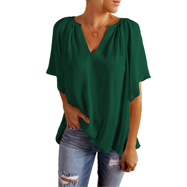 VISgogo Tops de manga corta para mujer con color sólido, versión suelta, estilo casual, ropa de verano plisada VISgogo moda