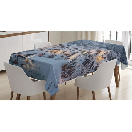 

Ambesonne Winter Tablecloth Rectangular Table Cover Shirakawago Village 52 x70 White Brown Black