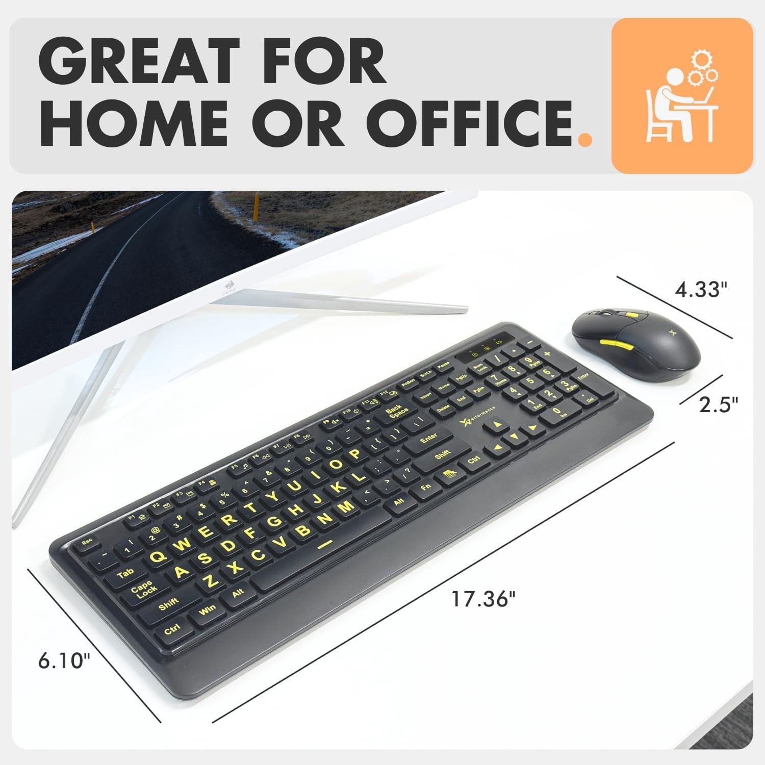 X9 Performance Large Print Wireless Keyboard and Mouse Combo - 4x Larger Oversize Yellow Letters for Seniors and Low Vision Users - 2.4Ghz Wireless Mouse and Keyboard Combo for PC