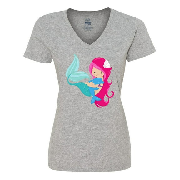 Inktastic Mermaid And Dolphin, Mermaid With Pink Hair Women's V-Neck T-Shirt