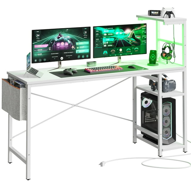 Bestier Bureau d'Ordinateur à DEL Réversible 63 Pouces Bureau de Jeu avec Prise de Courant Étagères à 4 Niveaux, Blanc