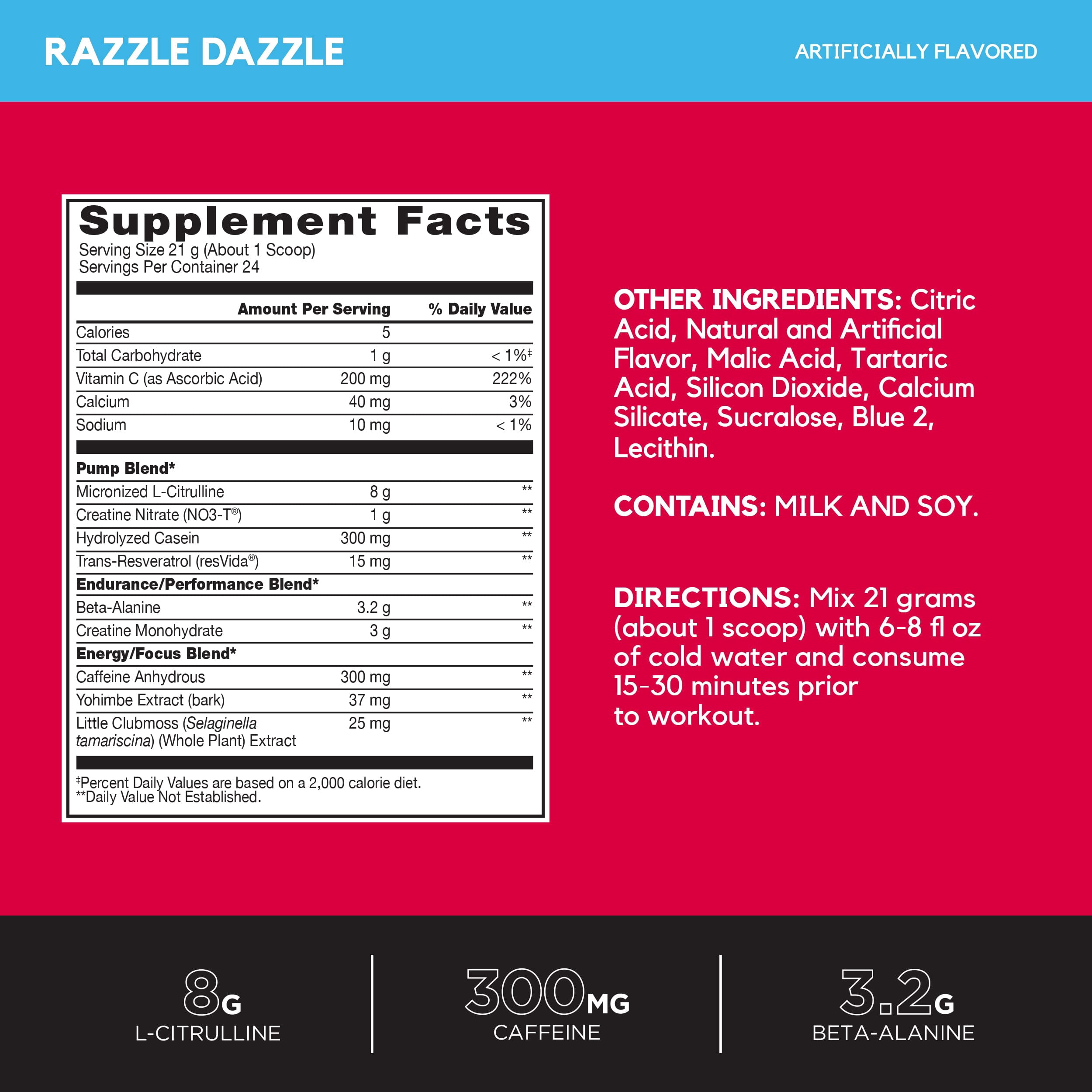 BSN N.O.-XPLODE Vaso Pre Workout Powder with 8g of L-Citrulline and 3.2g Beta-Alanine and Energy, Flavor: Razzle Dazzle, 24 Servings